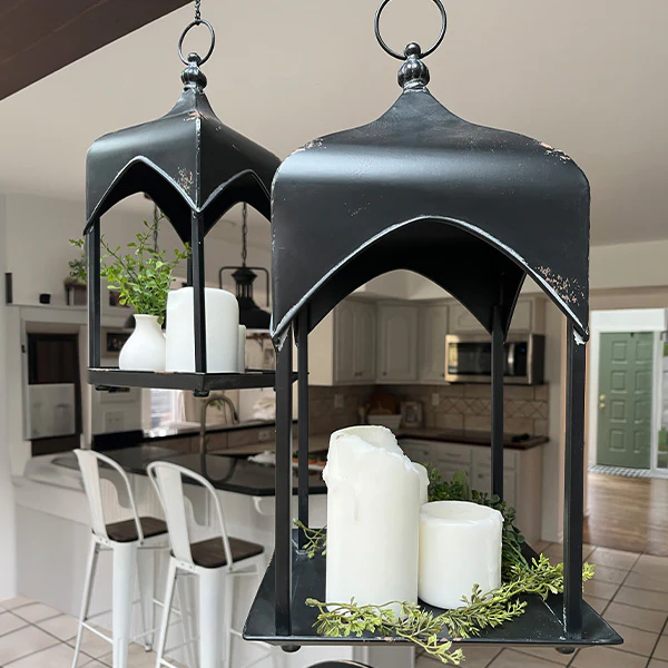Distressed Black Iron Hanging Lanterns, Set of 2
