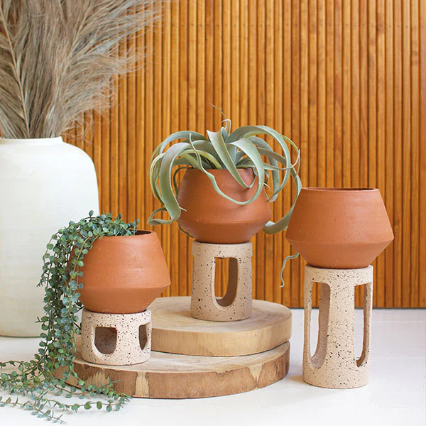 Clay Pot Planters with Speckled Stands, Set of 3