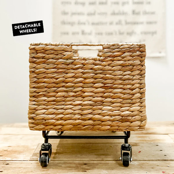 Large Water Hyacinth Woven Basket with Detachable Wheels