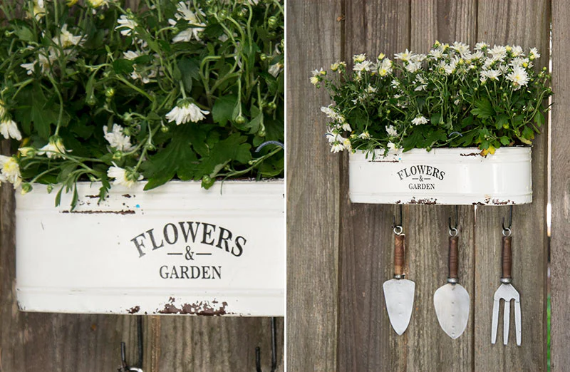 Enamel Planter With Gardening Tools