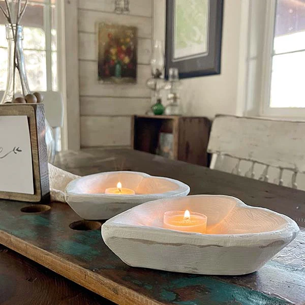 Whitewashed Heart Shaped Dough Bowls, Set of 2