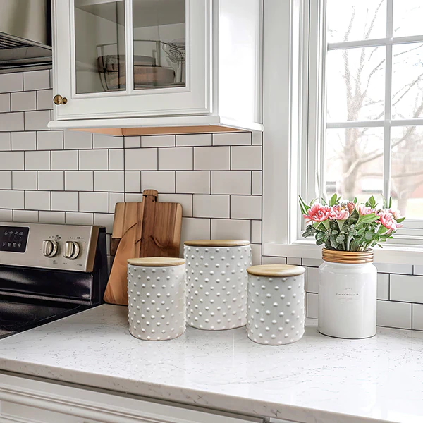 White Hobnail Ceramic Canister Set with Lids