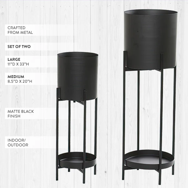 Tall Matte Black Metal Planters on Stands, Set of 2