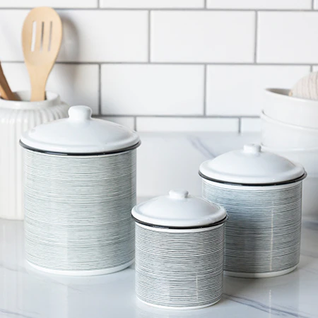 Black and White Striped Enamelware Canisters, Set of 3