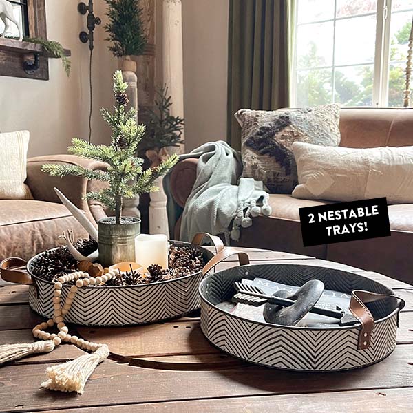 Modern Farmhouse Trays with Leather Handles, Set of 2