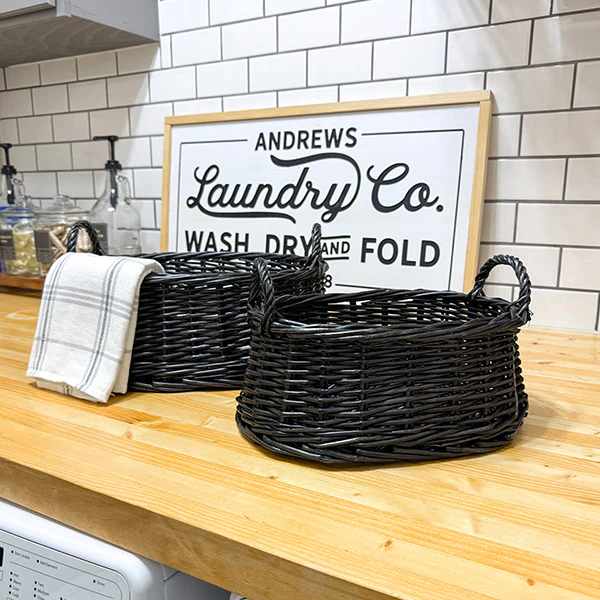 Black Rattan Storage Baskets, Set of Two