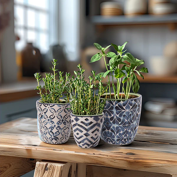 Patterned Spring Blue Planters, Set of 3
