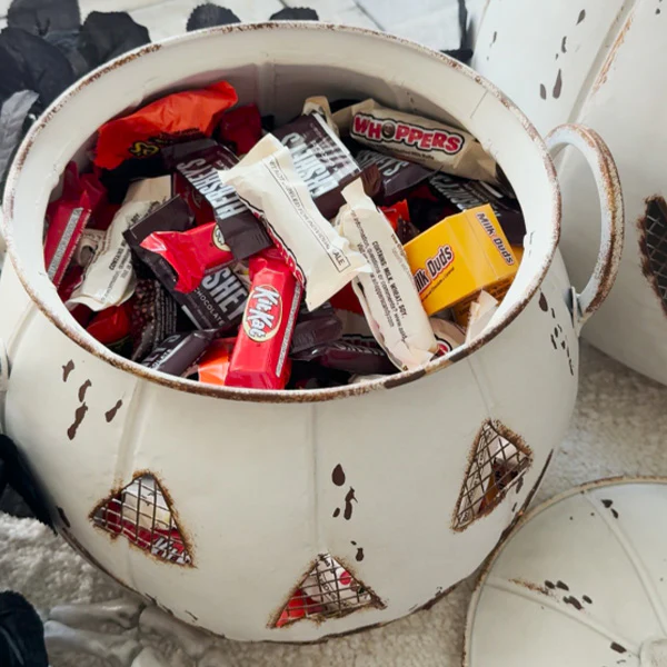 Distressed Jack-o-Lantern Candy Bucket with Lid, Set of Two
