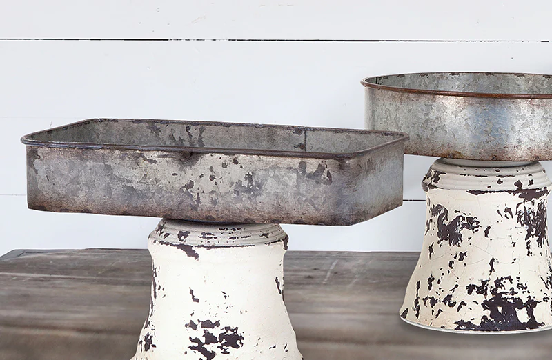 Distressed Metal Pedestal Trays  Set of 3