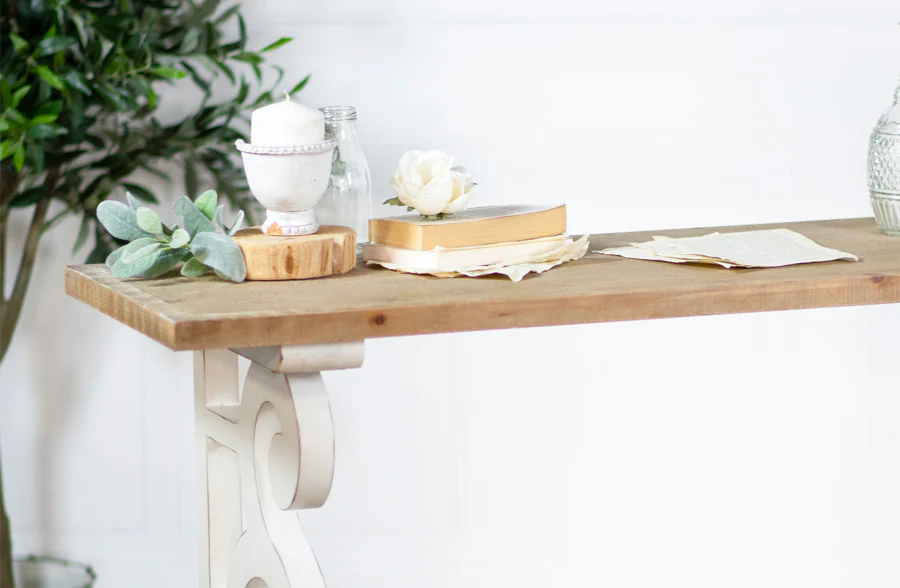 Whitewashed Scroll Detail Wooden Console Table