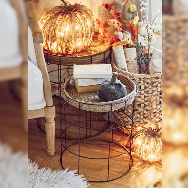 Metal End Tables with Seagrass Trays, Set of 2