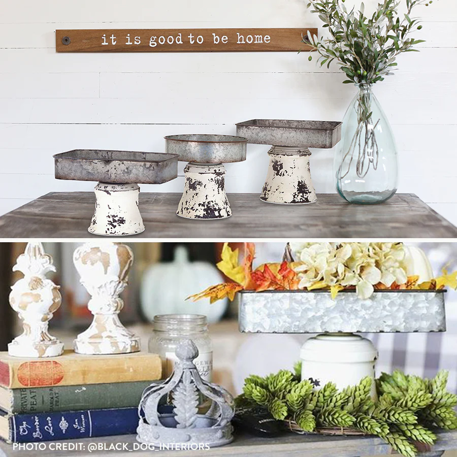 Distressed Metal Pedestal Trays  Set of 3