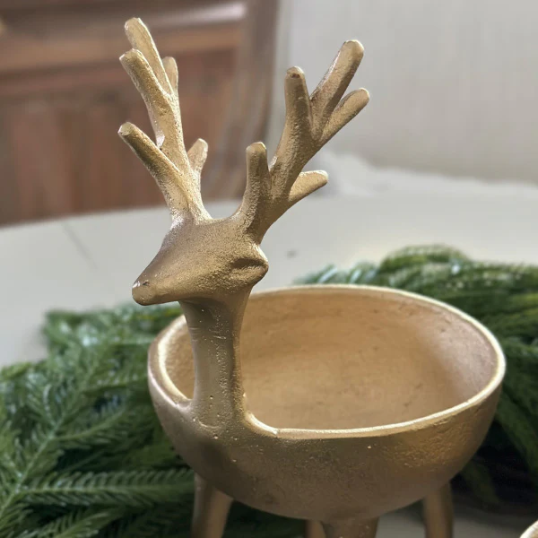 Gold Metal Reindeer Figurine Bowl, Set of 2