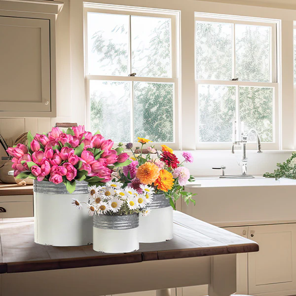 Galvanized Metal and White Buckets, Set of 3