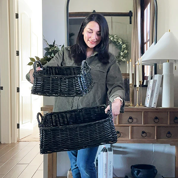 Black Finish Willow Storage Baskets with Handles, Set of Two