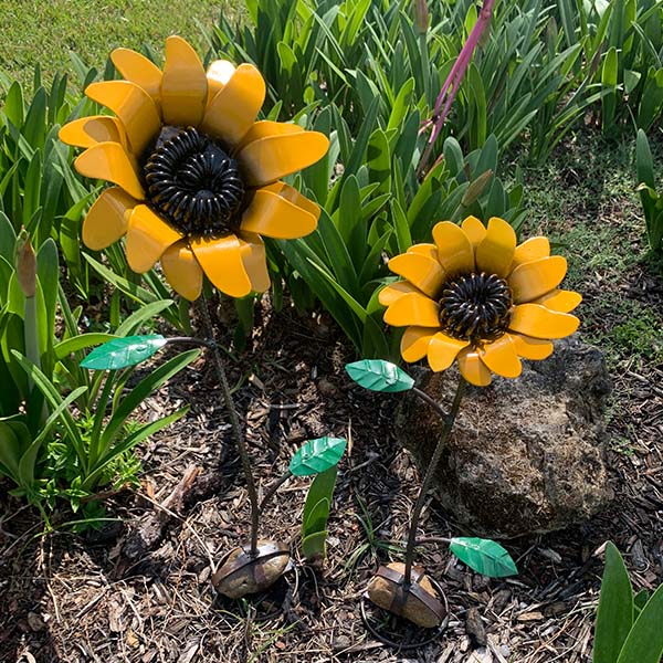 Metal Sunflowers on Rock Bases, Set of 2