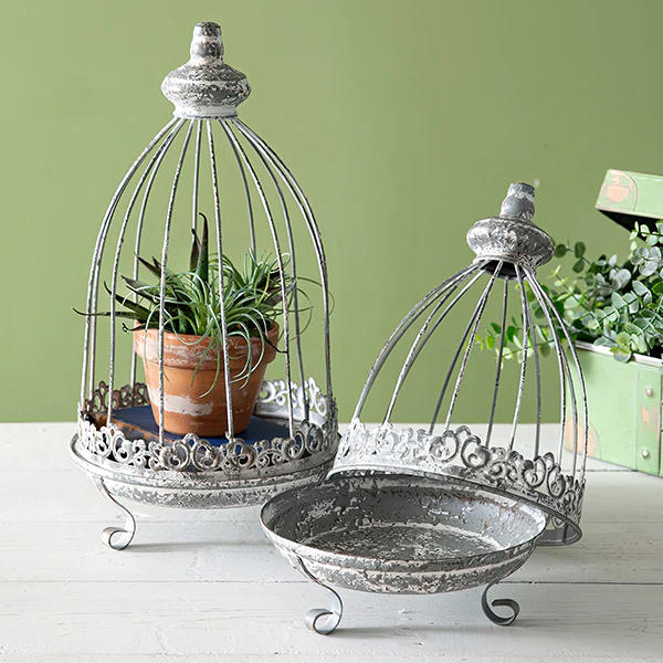 Distressed Metal Candle Cloche with Ornate Base, Set of 2