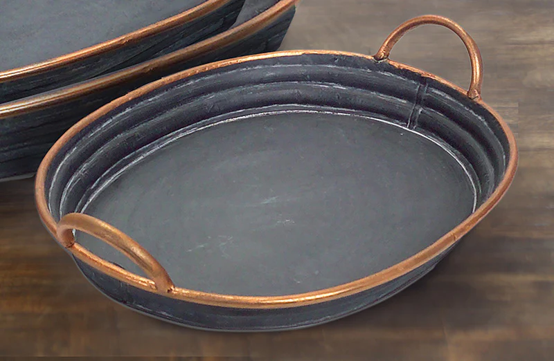 Galvanized Oval Tray Tub With Handles  Set of 3