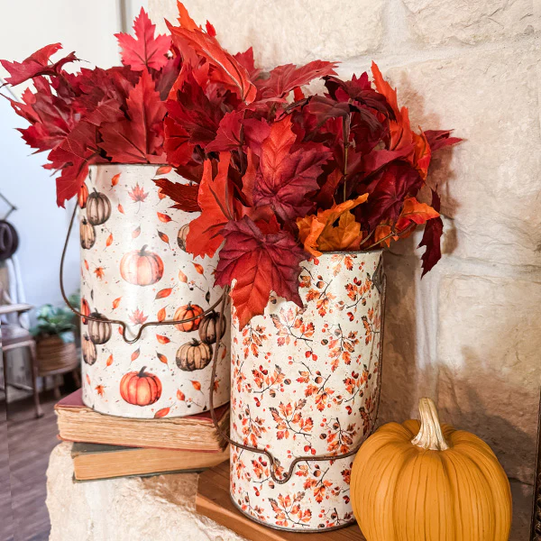 Tall Fall Floral Patterned Metal Buckets, Set of 3