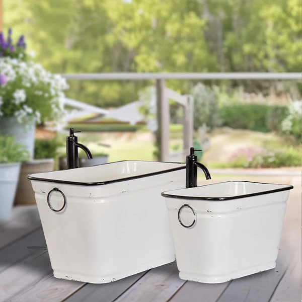 White Metal Faucet Planters, Set of 2