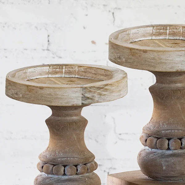 Whitewashed Beaded Candle Holders, Set of 2