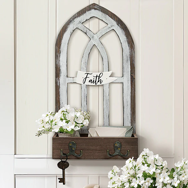 Cathedral Window Storage Shelf with Hooks