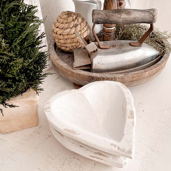 Whitewashed Heart Shaped Dough Bowls, Set of 2