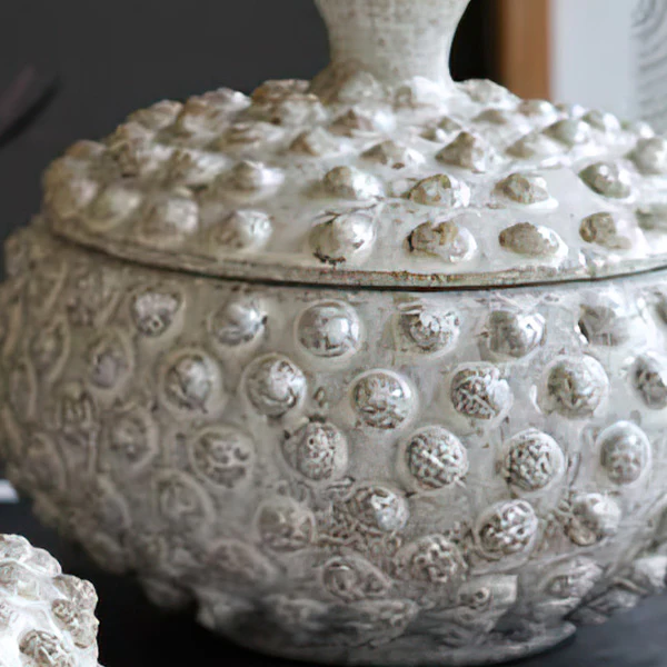 Round Knobby White Ceramic Canisters, Set of Two