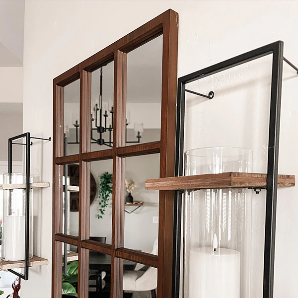 Wooden Framed Window Pane Mirror