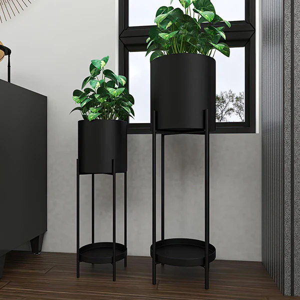 Tall Matte Black Metal Planters on Stands, Set of 2
