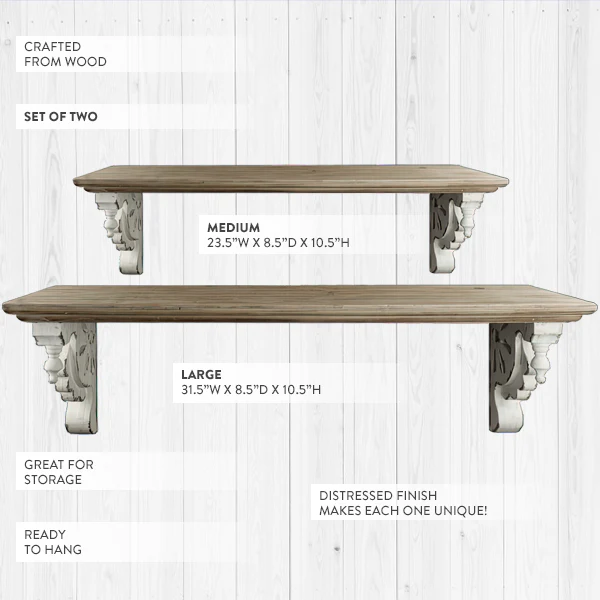 Distressed Corbel Wooden Wall Shelf, Set of 2