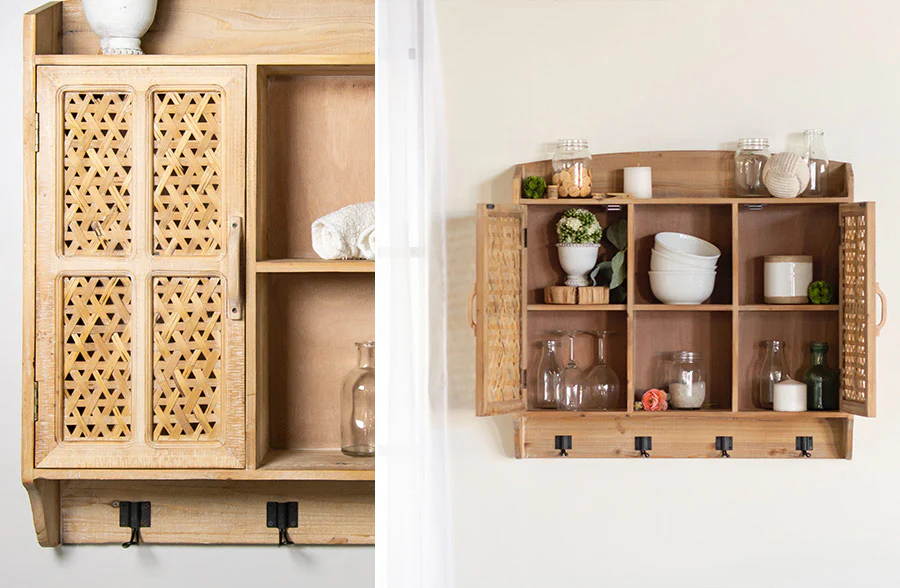 Bamboo Wall Display Cabinet with Hooks