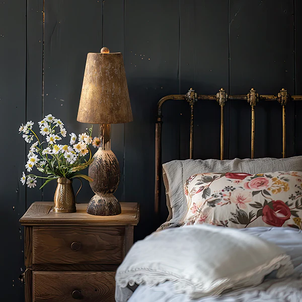 Distressed Wooden Lamp with Copper Shade