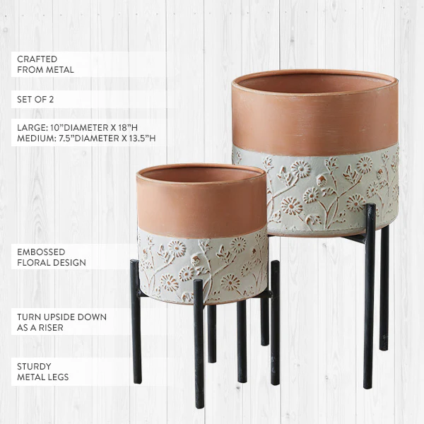 Floral Embossed Plant Stands, Set of 2