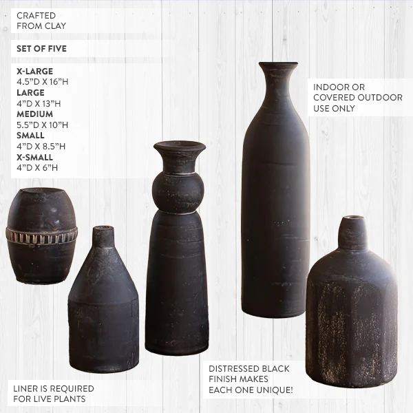 Hand Sculpted Black Clay Vases, Set of 5