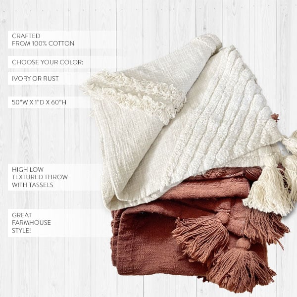 Tufted Cotton Throw with Tassels, Pick Your Color