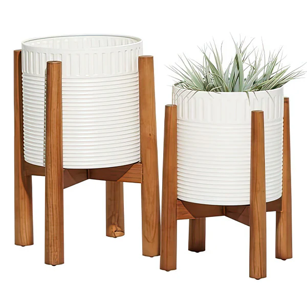 Matte White Iron Planters on Removable Stands, Set of Two