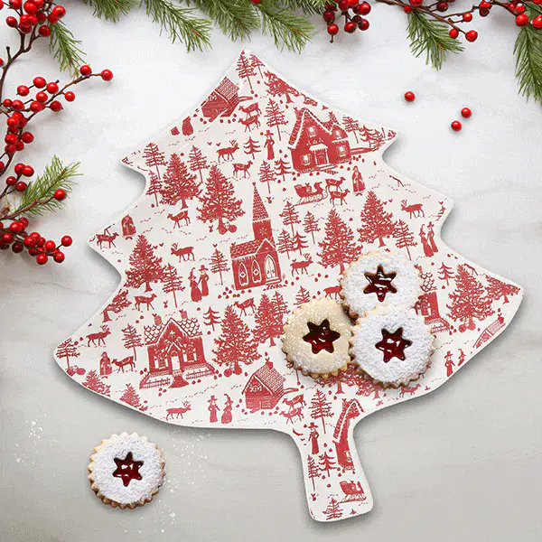 Tree Shaped Toile Christmas Plates, Set of 2