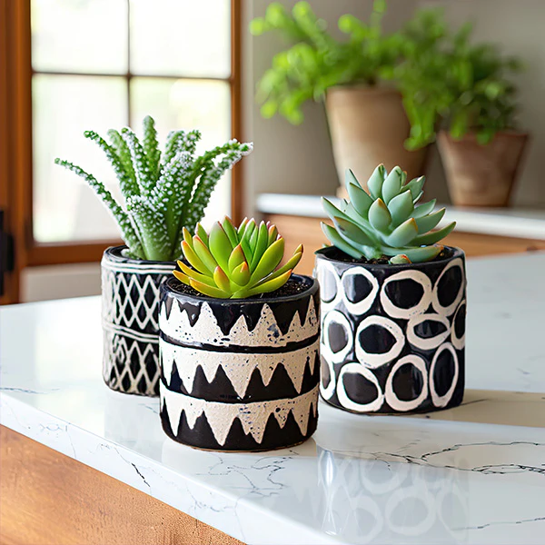 Navy Blue Patterned Ceramic Planters, Set of 3