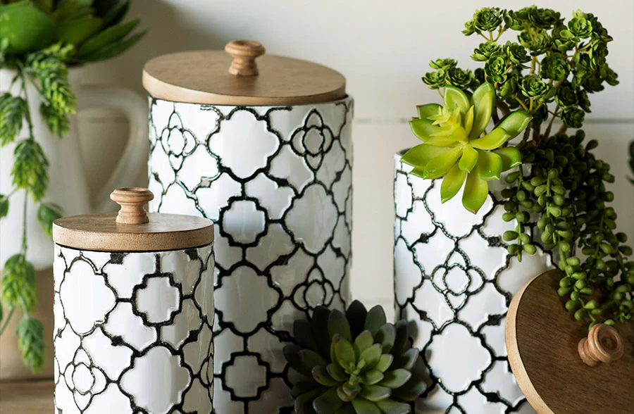 Embossed Patterned Canisters with Wooden Lids, Set of 3