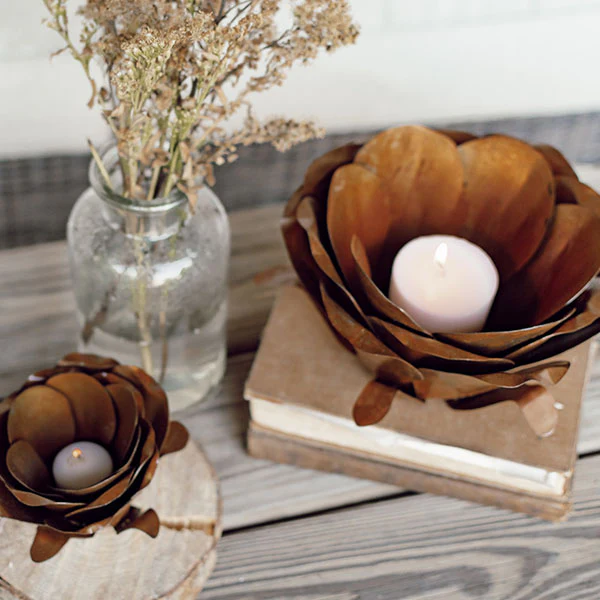 Metal Flower Blossom Candle Holders, Set of 2