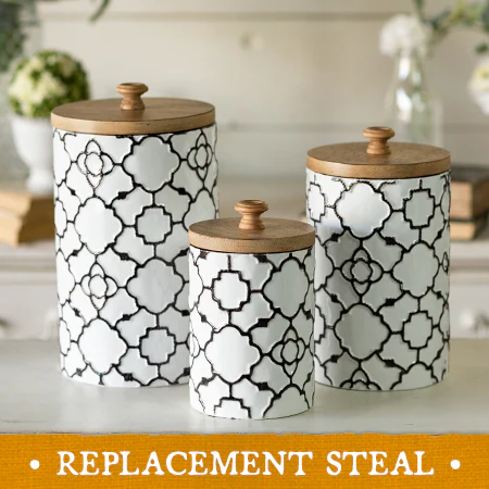 Embossed Patterned Canisters with Wooden Lids, Set of 3