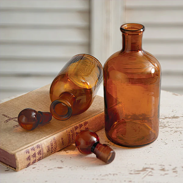 Amber Apothecary Glass Bottles with Stoppers, Set of Two