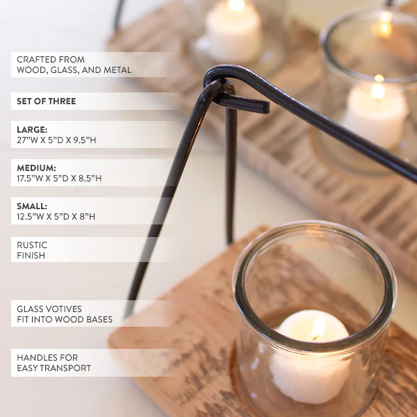Wood and Metal Candle Trays, Set of 3
