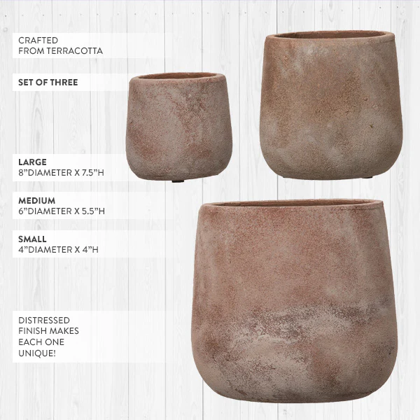 Distressed Terracotta Round Planters, Set of 3