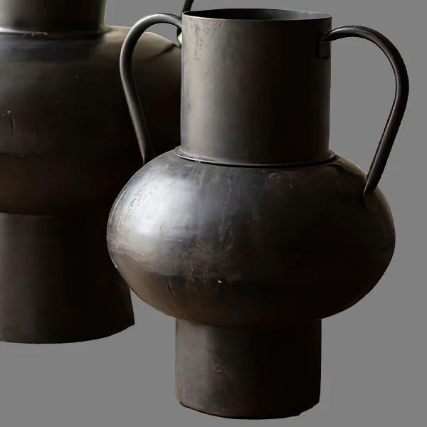 Waxed Metal Black Urn Vases, Set of 2