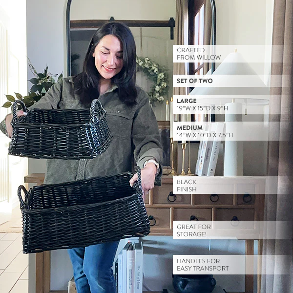 Black Finish Willow Storage Baskets with Handles, Set of Two