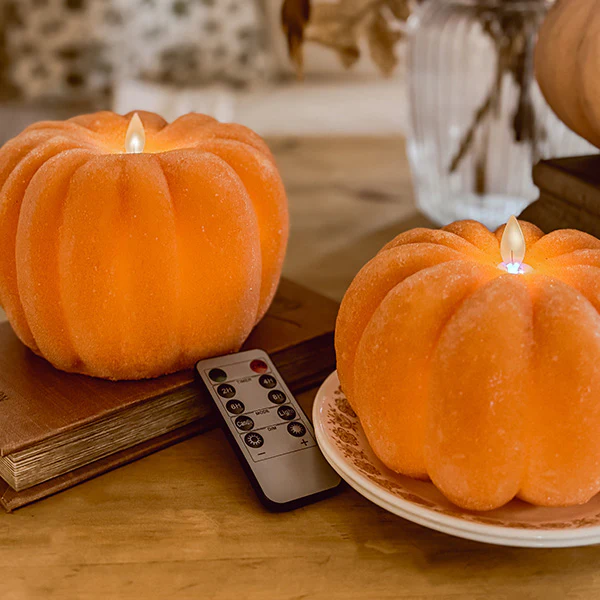 Flickering Flameless Pumpkin LED Candles with Timer, Set of 2
