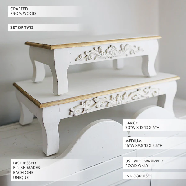 Antique Inspired Ornate White Wood Risers, Set of Two