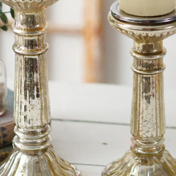 Scalloped Glass Pillar Candle Holders, Set of 2